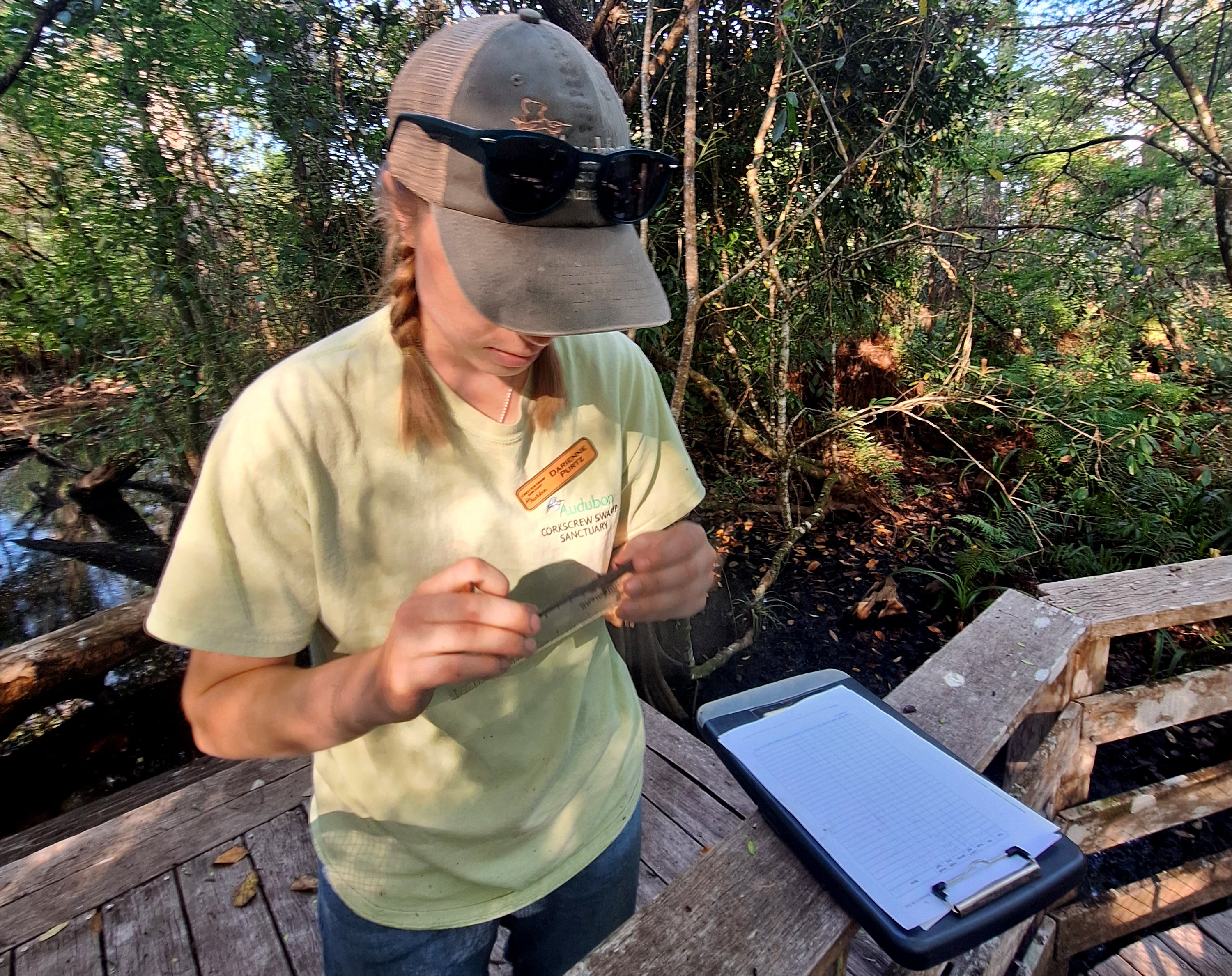 A woman with a clipboard on a boardwalk